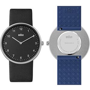 Braun 2 Agujas Reloj Analógico de Cuarzo, Esfera Negra y Correa de Piel Negra con Correa Adicional de Caucho de Silicona Azul, 38 mm, Modelo . Braun 2 Agujas Reloj Analógico de Cuarzo, Esfera Negra y Correa de Piel Negra con Correa Adicional de Caucho de Silicona Azul, 38 mm, Modelo .