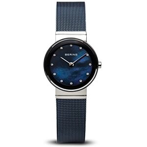 BERING Reloj de cuarzo para mujer con caja de acero inoxidable plateado de 26 mm y esfera azul, correa milanesa, cristal de zafiro y resistencia al agua de 5 ATM BERING Reloj de cuarzo para mujer con caja de acero inoxidable plateado de 26 mm y esfera azul, correa milanesa, cristal de zafiro y resistencia al agua de 5 ATM