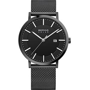 BERING Reloj solar para hombre con caja de acero inoxidable de 39 mm con acabado negro y esfera negra, correa milanesa, cristal de zafiro y resistencia al agua de 10 ATM BERING Reloj solar para hombre con caja de acero inoxidable de 39 mm con acabado negro y esfera negra, correa milanesa, cristal de zafiro y resistencia al agua de 10 ATM