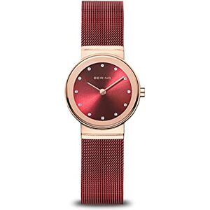 BERING Reloj de cuarzo para mujer con caja de acero inoxidable de 26 mm con acabado en oro rosa y esfera roja, correa milanesa, cristal de zafiro y resistencia al agua de 5 ATM BERING Reloj de cuarzo para mujer con caja de acero inoxidable de 26 mm con acabado en oro rosa y esfera roja, correa milanesa, cristal de zafiro y resistencia al agua de 5 ATM