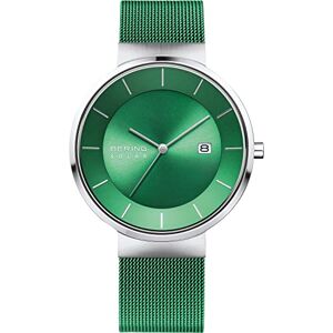 BERING Reloj solar para hombre con caja de acero inoxidable plateado de 39 mm y esfera verde, correa milanesa, cristal de zafiro y resistencia al agua de 5 ATM BERING Reloj solar para hombre con caja de acero inoxidable plateado de 39 mm y esfera verde, correa milanesa, cristal de zafiro y resistencia al agua de 5 ATM