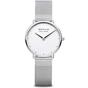 BERING Reloj de cuarzo para mujer con caja de acero inoxidable plateado de 30 mm y esfera blanca, correa milanesa, cristal de zafiro y resistencia al agua de 3 ATM BERING Reloj de cuarzo para mujer con caja de acero inoxidable plateado de 30 mm y esfera blanca, correa milanesa, cristal de zafiro y resistencia al agua de 3 ATM