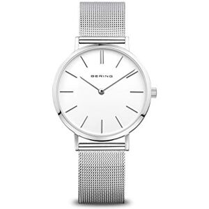 BERING Reloj de cuarzo para mujer con caja de acero inoxidable plateado de 34 mm y esfera blanca, correa milanesa, cristal de zafiro y resistencia al agua de 3 ATM BERING Reloj de cuarzo para mujer con caja de acero inoxidable plateado de 34 mm y esfera blanca, correa milanesa, cristal de zafiro y resistencia al agua de 3 ATM