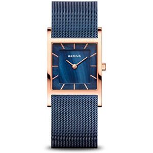 BERING Reloj de cuarzo para mujer con caja de acero inoxidable de 26 mm con acabado en oro rosa y esfera azul, correa milanesa, cristal de zafiro y resistencia al agua de 5 ATM BERING Reloj de cuarzo para mujer con caja de acero inoxidable de 26 mm con acabado en oro rosa y esfera azul, correa milanesa, cristal de zafiro y resistencia al agua de 5 ATM