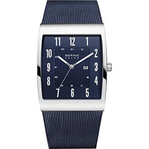 BERING Reloj solar para hombre con caja de acero inoxidable plateado de 33 mm y esfera azul, correa milanesa, cristal de zafiro y resistencia al agua de 3 ATM BERING Reloj solar para hombre con caja de acero inoxidable plateado de 33 mm y esfera azul, correa milanesa, cristal de zafiro y resistencia al agua de 3 ATM