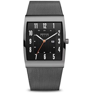 BERING Reloj solar para hombre con caja de acero inoxidable de 33 mm con acabado en gris y esfera negra, correa milanesa, cristal de zafiro y resistencia al agua de 3 ATM BERING Reloj solar para hombre con caja de acero inoxidable de 33 mm con acabado en gris y esfera negra, correa milanesa, cristal de zafiro y resistencia al agua de 3 ATM