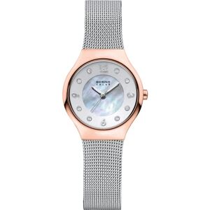 BERING Reloj Solar para Mujer con Caja de Acero Inoxidable de 27 mm con Acabado en Oro Rosa y Esfera Blanca, Correa milanesa, Cristal de Zafiro y Resistencia al Agua de 5 ATM BERING Reloj Solar para Mujer con Caja de Acero Inoxidable de 27 mm con Acabado en Oro Rosa y Esfera Blanca, Correa milanesa, Cristal de Zafiro y Resistencia al Agua de 5 ATM