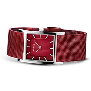 BERING Reloj de cuarzo para mujer con caja de acero inoxidable plateado de 26 mm y esfera roja, correa milanesa, cristal de zafiro y resistencia al agua de 5 ATM BERING Reloj de cuarzo para mujer con caja de acero inoxidable plateado de 26 mm y esfera roja, correa milanesa, cristal de zafiro y resistencia al agua de 5 ATM