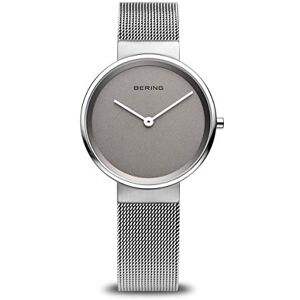 BERING Reloj de cuarzo para mujer con caja de acero inoxidable plateado de 31 mm y esfera gris, correa milanesa, cristal de zafiro y resistencia al agua de 5 ATM BERING Reloj de cuarzo para mujer con caja de acero inoxidable plateado de 31 mm y esfera gris, correa milanesa, cristal de zafiro y resistencia al agua de 5 ATM