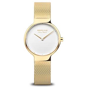 BERING Reloj de cuarzo para mujer con caja de acero inoxidable de 31 mm con acabado dorado y esfera blanca, correa milanesa, cristal de zafiro y resistencia al agua de 5 ATM BERING Reloj de cuarzo para mujer con caja de acero inoxidable de 31 mm con acabado dorado y esfera blanca, correa milanesa, cristal de zafiro y resistencia al agua de 5 ATM