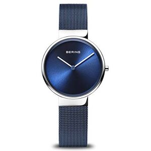 BERING Reloj de cuarzo para mujer con caja de acero inoxidable plateado de 31 mm y esfera azul, correa milanesa, cristal de zafiro y resistencia al agua de 5 ATM BERING Reloj de cuarzo para mujer con caja de acero inoxidable plateado de 31 mm y esfera azul, correa milanesa, cristal de zafiro y resistencia al agua de 5 ATM