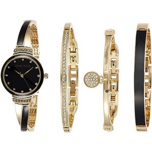 Anne Klein Set de Reloj de Pulsera y Juego de Pulseras rígidas para Mujer con Detalles de Cristal, Dorado/Negro Anne Klein Set de Reloj de Pulsera y Juego de Pulseras rígidas para Mujer con Detalles de Cristal, Dorado/Negro