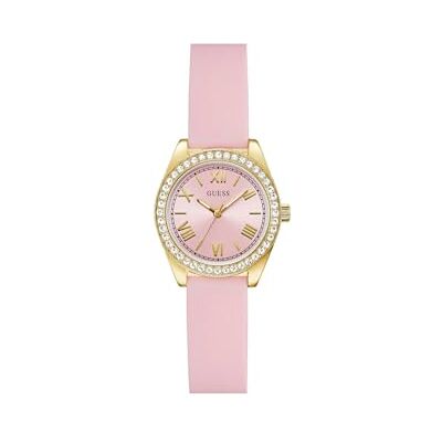 GUESS Reloj de Pulsera para Mujer Mini Luna de 30 mm, Acero Inoxidable Dorado, Esfera Rosa, Cuarzo, Cristal Mineral, circonita, 3 ATM, Correa de Silicona Blanca de 14 mm GUESS Reloj de Pulsera para Mujer Mini Luna de 30 mm, Acero Inoxidable Dorado, Esfera Rosa, Cuarzo, Cristal Mineral, circonita, 3 ATM, Correa de Silicona Blanca de 14 mm