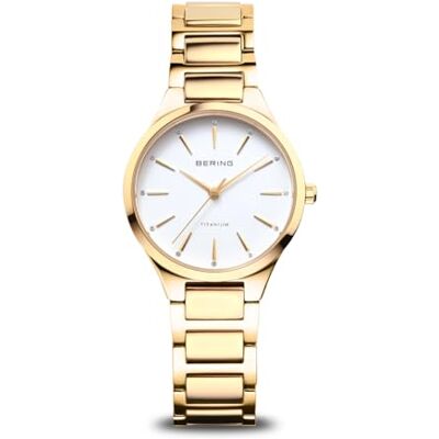 BERING Reloj de Cuarzo para Dama con Caja de Titanio de 30 mm con Acabado Dorado y Esfera Blanca, Brazalete de Titanio con Detalles de Titanio, Resistencia al Agua de 10 ATM BERING Reloj de Cuarzo para Dama con Caja de Titanio de 30 mm con Acabado Dorado y Esfera Blanca, Brazalete de Titanio con Detalles de Titanio, Resistencia al Agua de 10 ATM