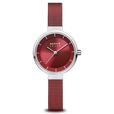 BERING Reloj solar para mujer con caja de acero inoxidable plateado de 27 mm y esfera roja, correa milanesa, cristal de zafiro y resistencia al agua de 5 ATM BERING Reloj solar para mujer con caja de acero inoxidable plateado de 27 mm y esfera roja, correa milanesa, cristal de zafiro y resistencia al agua de 5 ATM
