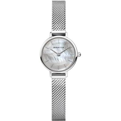 BERING Reloj de cuarzo para mujer con caja de acero inoxidable plateado de 22 mm y esfera blanca, correa milanesa, cristal de zafiro y resistencia al agua de 3 ATM BERING Reloj de cuarzo para mujer con caja de acero inoxidable plateado de 22 mm y esfera blanca, correa milanesa, cristal de zafiro y resistencia al agua de 3 ATM