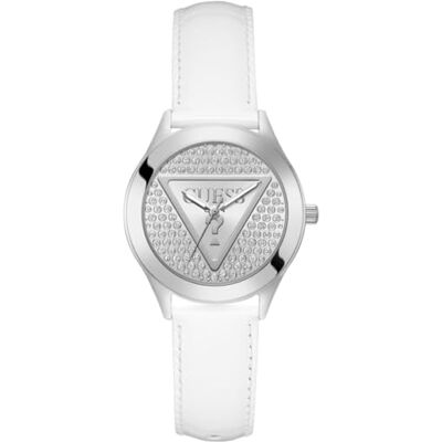 GUESS Glitz Reloj analógico con Placa para Mujer, Caja de 34 mm, Color Blanco/Plateado, Blanco/Plateado, Clásico GUESS Glitz Reloj analógico con Placa para Mujer, Caja de 34 mm, Color Blanco/Plateado, Blanco/Plateado, Clásico