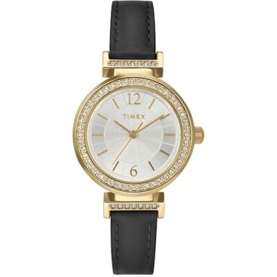 Timex Dress Reloj para mujer de 31 mm, pulsera en piel negra, esfera de color plateado, caja en color dorado Timex Dress Reloj para mujer de 31 mm, pulsera en piel negra, esfera de color plateado, caja en color dorado