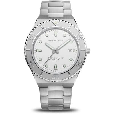 BERING Reloj de Cuarzo para Hombre con Caja de Acero Inoxidable Plateado de 43 mm, Esfera Blanca, Brazalete y Detalles de Acero Inoxidable, Resistencia al Agua de 10 ATM BERING Reloj de Cuarzo para Hombre con Caja de Acero Inoxidable Plateado de 43 mm, Esfera Blanca, Brazalete y Detalles de Acero Inoxidable, Resistencia al Agua de 10 ATM