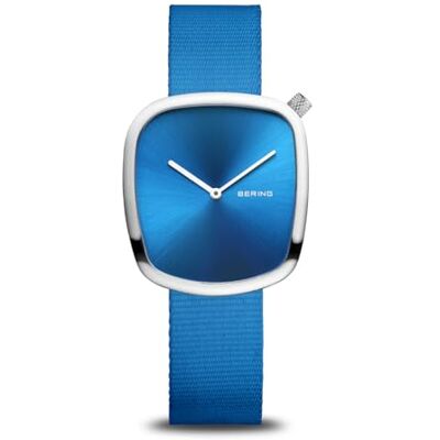 BERING Reloj de Cuarzo para Mujer con Caja de Acero Inoxidable Plateado de 30 mm y Esfera Azul, Correa Estilo Militar, Cristal de Zafiro y Resistencia al Agua de 3 ATM BERING Reloj de Cuarzo para Mujer con Caja de Acero Inoxidable Plateado de 30 mm y Esfera Azul, Correa Estilo Militar, Cristal de Zafiro y Resistencia al Agua de 3 ATM