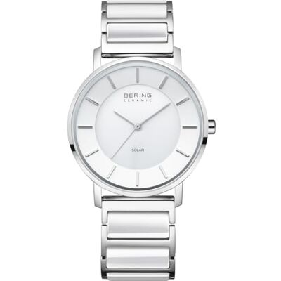 BERING Reloj Solar para Mujer, Reloj de Pulsera de 35 mm, Caja de Acero Inoxidable Plateado y Esfera Blanca, Correa de Acero Inoxidable con Elementos cerámicos, 3 ATM, BERING Reloj Solar para Mujer, Reloj de Pulsera de 35 mm, Caja de Acero Inoxidable Plateado y Esfera Blanca, Correa de Acero Inoxidable con Elementos cerámicos, 3 ATM,