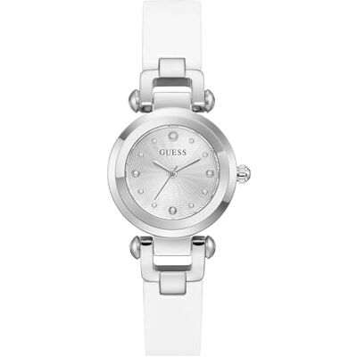 GUESS Reloj de Pulsera para Mujer , 30 mm de Acero Inoxidable Plateado, Esfera Blanca con Piedra engastada, Cuarzo, Cristal Mineral endurecido, 3 ATM, Correa de Piel Blanca GUESS Reloj de Pulsera para Mujer , 30 mm de Acero Inoxidable Plateado, Esfera Blanca con Piedra engastada, Cuarzo, Cristal Mineral endurecido, 3 ATM, Correa de Piel Blanca