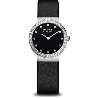 BERING Reloj de cuarzo para mujer con caja de acero inoxidable plateado de 29 mm y esfera negra, correa de piel de becerro, cristal de zafiro y resistencia al agua de 5 ATM BERING Reloj de cuarzo para mujer con caja de acero inoxidable plateado de 29 mm y esfera negra, correa de piel de becerro, cristal de zafiro y resistencia al agua de 5 ATM