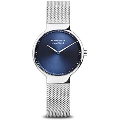 BERING Reloj de Cuarzo para Mujer con Caja de Acero Inoxidable Plateado de 31 mm y Esfera Azul, Correa milanesa, Cristal de Zafiro y Resistencia al Agua de 5 ATM BERING Reloj de Cuarzo para Mujer con Caja de Acero Inoxidable Plateado de 31 mm y Esfera Azul, Correa milanesa, Cristal de Zafiro y Resistencia al Agua de 5 ATM