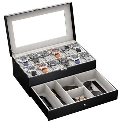 ProCase Caja de Relojes de 12 Ranuras con Cajón, Funda Organizadora de Reloj de 2 capas con Tapa de Cristal, Estuche de Almacenamiento para Hombres y Mujeres -Negro ProCase Caja de Relojes de 12 Ranuras con Cajón, Funda Organizadora de Reloj de 2 capas con Tapa de Cristal, Estuche de Almacenamiento para Hombres y Mujeres -Negro