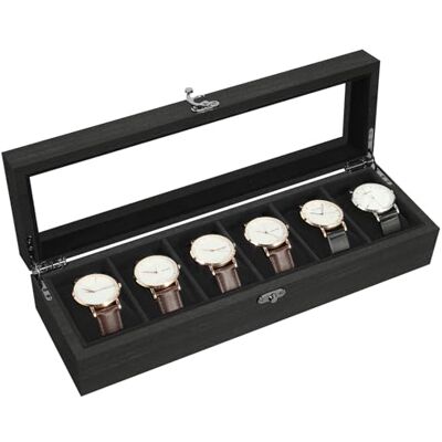Uten Caja de Relojes con 6 Compartimentos, Caja para Reloje Madera, Tapa de Vidrio y Almohada Algodón Seda, Forro Negro, para Exhibición y Almacenamiento de Relojes Joyería, Regalo Ideal Uten Caja de Relojes con 6 Compartimentos, Caja para Reloje Madera, Tapa de Vidrio y Almohada Algodón Seda, Forro Negro, para Exhibición y Almacenamiento de Relojes Joyería, Regalo Ideal
