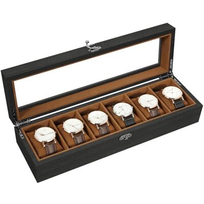 Uten Caja de Relojes con 6 Compartimentos, Caja para Reloje Madera, Tapa de Vidrio y Almohada Algodón Seda, Forro Marrón, para Exhibición y Almacenamiento de Relojes Joyería, Regalo Ideal Uten Caja de Relojes con 6 Compartimentos, Caja para Reloje Madera, Tapa de Vidrio y Almohada Algodón Seda, Forro Marrón, para Exhibición y Almacenamiento de Relojes Joyería, Regalo Ideal