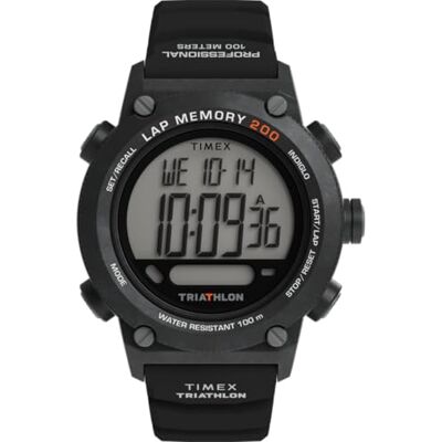 Timex Triathlon 200 Lap Reloj de triatlón con Correa de Silicona Negra con Pantalla Digital para Hombre, 44 mm Timex Triathlon 200 Lap Reloj de triatlón con Correa de Silicona Negra con Pantalla Digital para Hombre, 44 mm