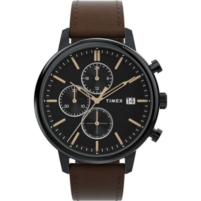 Timex Chicago Reloj para Hombre, Correa de Cuero marrón y Esfera Negra, 45 mm Timex Chicago Reloj para Hombre, Correa de Cuero marrón y Esfera Negra, 45 mm