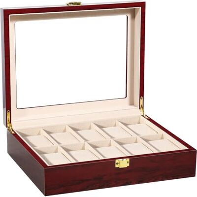 Uten Caja de Relojes de 10 Ranuras, Caja de madera para Reloj Ventana Transparente con Almohada Extraíble, Cierre de Metal, Marrón Rojo Watch Box Uten Caja de Relojes de 10 Ranuras, Caja de madera para Reloj Ventana Transparente con Almohada Extraíble, Cierre de Metal, Marrón Rojo Watch Box