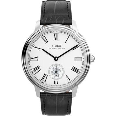 Timex Waterbury Metropolitan Sub-Second Reloj con Correa de Cuero Negra con Esfera Plateada y Caja de Acero Inoxidable para Hombre, 39 mm Timex Waterbury Metropolitan Sub-Second Reloj con Correa de Cuero Negra con Esfera Plateada y Caja de Acero Inoxidable para Hombre, 39 mm
