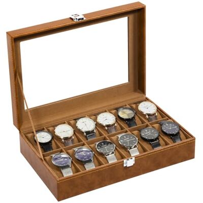 Uten Caja de Relojes con 12 Compartimentos, Caja para Reloje PU, Cerradura con Llave, Tapa Vidrio, Forro Terciopelo Marrón, para Exhibición y Almacenamiento Relojes Joyería Uten Caja de Relojes con 12 Compartimentos, Caja para Reloje PU, Cerradura con Llave, Tapa Vidrio, Forro Terciopelo Marrón, para Exhibición y Almacenamiento Relojes Joyería