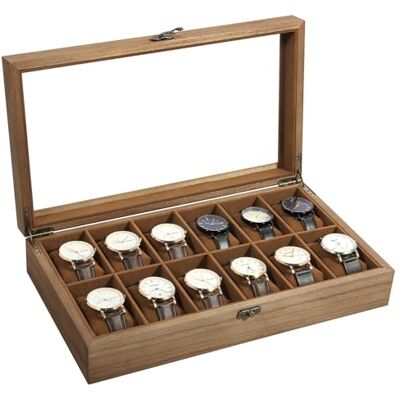 Uten Caja de Relojes con 12 Compartimentos, Caja para Reloje Madera, Tapa de Vidrio y Almohada Algodón Seda, Forro Marrón, para Exhibición y Almacenamiento de Relojes Joyería, Regalo Ideal Uten Caja de Relojes con 12 Compartimentos, Caja para Reloje Madera, Tapa de Vidrio y Almohada Algodón Seda, Forro Marrón, para Exhibición y Almacenamiento de Relojes Joyería, Regalo Ideal