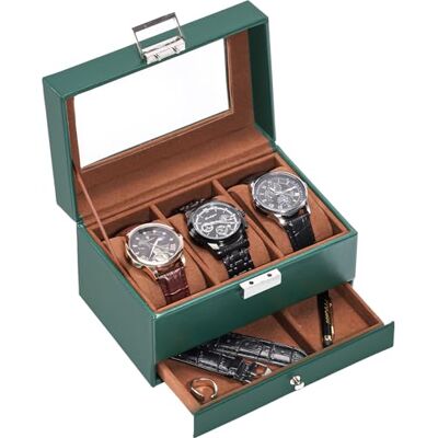 ProCase Caja de Relojes de 3 Ranuras con Cajón, Funda Organizadora de Reloj de 2 capas con Tapa de Cristal, Estuche de Almacenamiento para Hombres y Mujeres -Verde ProCase Caja de Relojes de 3 Ranuras con Cajón, Funda Organizadora de Reloj de 2 capas con Tapa de Cristal, Estuche de Almacenamiento para Hombres y Mujeres -Verde