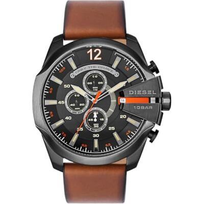 Diesel Mega Chief Series Reloj para hombre, Movimiento cronógrafo con correa de piel, Marrón y negro, 51 mm Diesel Mega Chief Series Reloj para hombre, Movimiento cronógrafo con correa de piel, Marrón y negro, 51 mm
