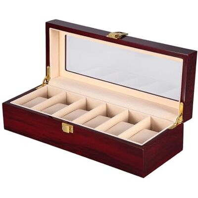Uten Caja Relojes con 6 Compartimentos, Caja de madera para Reloj Ventana Transparente con Almohada Extraíble, Cierre de Metal, Marrón Rojo Uten Caja Relojes con 6 Compartimentos, Caja de madera para Reloj Ventana Transparente con Almohada Extraíble, Cierre de Metal, Marrón Rojo