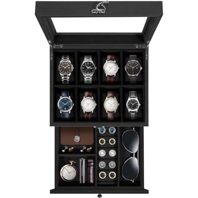 Uten Caja de Relojes con 8 Compartimentos, 2 Niveles Caja para Reloje Madera, Tapa de Vidrio y Almohada Algodón Seda, Forro Negro, para Exhibición y Almacenamiento de Relojes Joyería Uten Caja de Relojes con 8 Compartimentos, 2 Niveles Caja para Reloje Madera, Tapa de Vidrio y Almohada Algodón Seda, Forro Negro, para Exhibición y Almacenamiento de Relojes Joyería