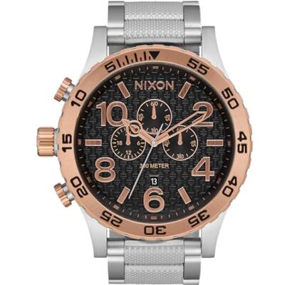 NIXON 51-30 Chrono Reloj de Pulsera para Hombre, Cuarzo, analógico, Acero Inoxidable, 51 mm, Correa de Acero Inoxidable, Plata/Naranja, 30 Bar, Color de la Esfera: Negro, indicador de NIXON 51-30 Chrono Reloj de Pulsera para Hombre, Cuarzo, analógico, Acero Inoxidable, 51 mm, Correa de Acero Inoxidable, Plata/Naranja, 30 Bar, Color de la Esfera: Negro, indicador de