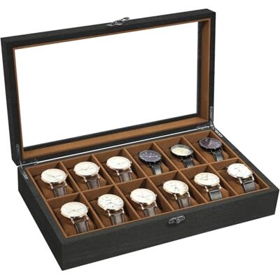 Uten Caja de Relojes con 12 Compartimentos, Caja para Reloje Madera, Tapa de Vidrio y Almohada Algodón Seda, Forro Marrón, para Exhibición y Almacenamiento de Relojes Joyería, Regalo Ideal Uten Caja de Relojes con 12 Compartimentos, Caja para Reloje Madera, Tapa de Vidrio y Almohada Algodón Seda, Forro Marrón, para Exhibición y Almacenamiento de Relojes Joyería, Regalo Ideal