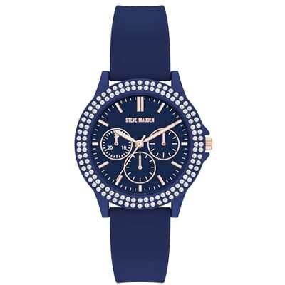 Steve Madden Reloj para Mujeres Correa de Silicona Genuina acentuada de Cristal, Azul Marino/Oro Rosa Steve Madden Reloj para Mujeres Correa de Silicona Genuina acentuada de Cristal, Azul Marino/Oro Rosa