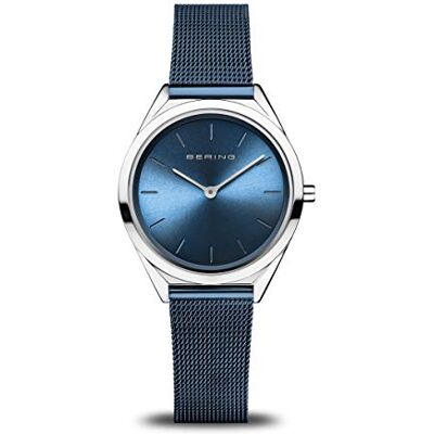 BERING Reloj de cuarzo unisex con caja de acero inoxidable plateado de 31 mm y esfera azul, correa milanesa, cristal de zafiro y resistencia al agua de 3 ATM BERING Reloj de cuarzo unisex con caja de acero inoxidable plateado de 31 mm y esfera azul, correa milanesa, cristal de zafiro y resistencia al agua de 3 ATM