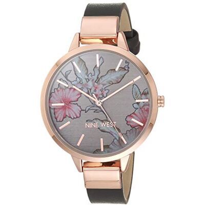 Nine West Reloj de Pulsera para Mujer con Esfera Floral, Gris/Oro Rosa Nine West Reloj de Pulsera para Mujer con Esfera Floral, Gris/Oro Rosa