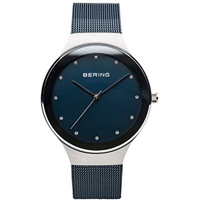 BERING Reloj de cuarzo para mujer con caja de acero inoxidable plateado de 34 mm y esfera azul, correa milanesa, cristal de zafiro y resistencia al agua de 3 ATM BERING Reloj de cuarzo para mujer con caja de acero inoxidable plateado de 34 mm y esfera azul, correa milanesa, cristal de zafiro y resistencia al agua de 3 ATM