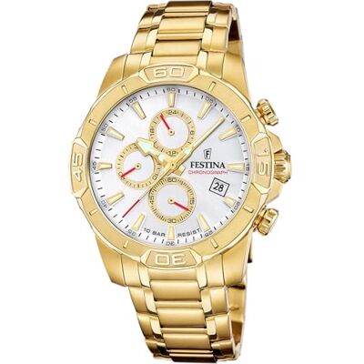 Festina Reloj Hombre Analógico de Acero Inoxidable 316l Dorado Movimiento de Cuarzo Cronógrafo Calendario Cristal Mineral Resistente Resistente al Agua 10 ATM F20705/1 Timeless Chronograph Festina Reloj Hombre Analógico de Acero Inoxidable 316l Dorado Movimiento de Cuarzo Cronógrafo Calendario Cristal Mineral Resistente Resistente al Agua 10 ATM F20705/1 Timeless Chronograph