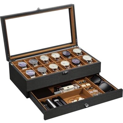 Uten Caja de Relojes con 12 Compartimentos, 2 Niveles Caja para Reloje Madera, Tapa de Vidrio y Almohada Algodón Seda, Forro Marrón, para Exhibición y Almacenamiento de Relojes Joyería Uten Caja de Relojes con 12 Compartimentos, 2 Niveles Caja para Reloje Madera, Tapa de Vidrio y Almohada Algodón Seda, Forro Marrón, para Exhibición y Almacenamiento de Relojes Joyería