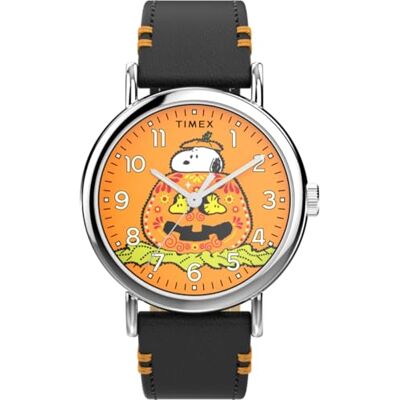 Timex Peanuts Pumpkin Reloj con correa de cuero negro con esfera naranja y caja plateada para hombre, 40 mm Timex Peanuts Pumpkin Reloj con correa de cuero negro con esfera naranja y caja plateada para hombre, 40 mm